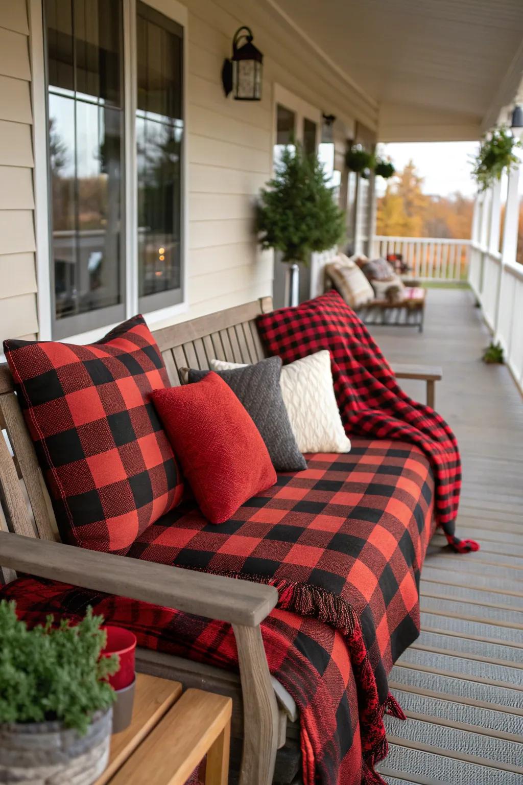 Buffalo check patterns bring cozy charm to the porch.
