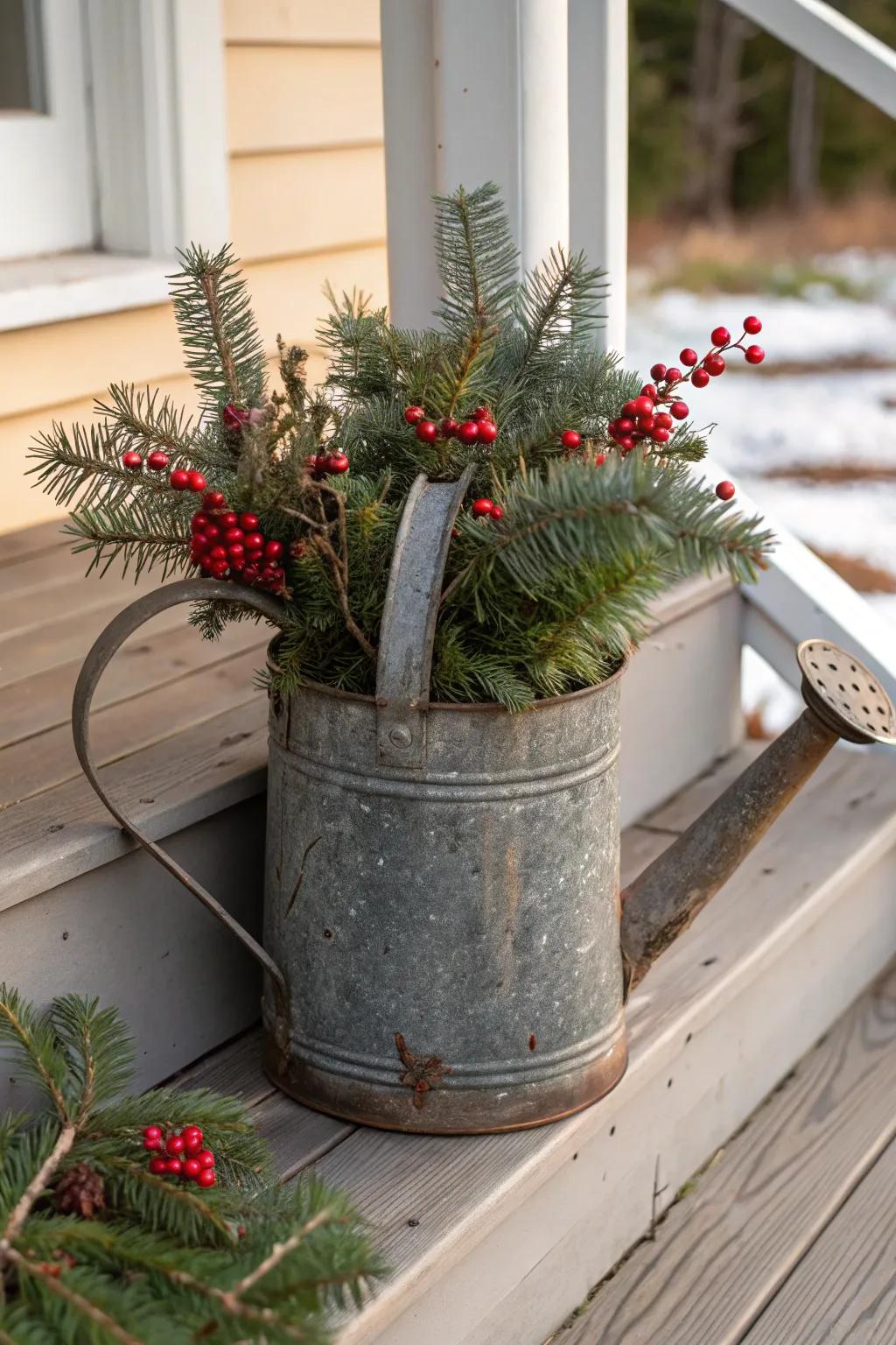 A watering can brimming with festive greenery.