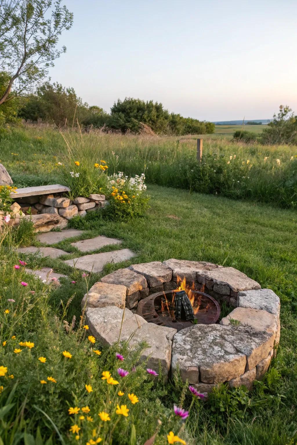 A charming stone circle fire pit nestled amidst a garden setting.
