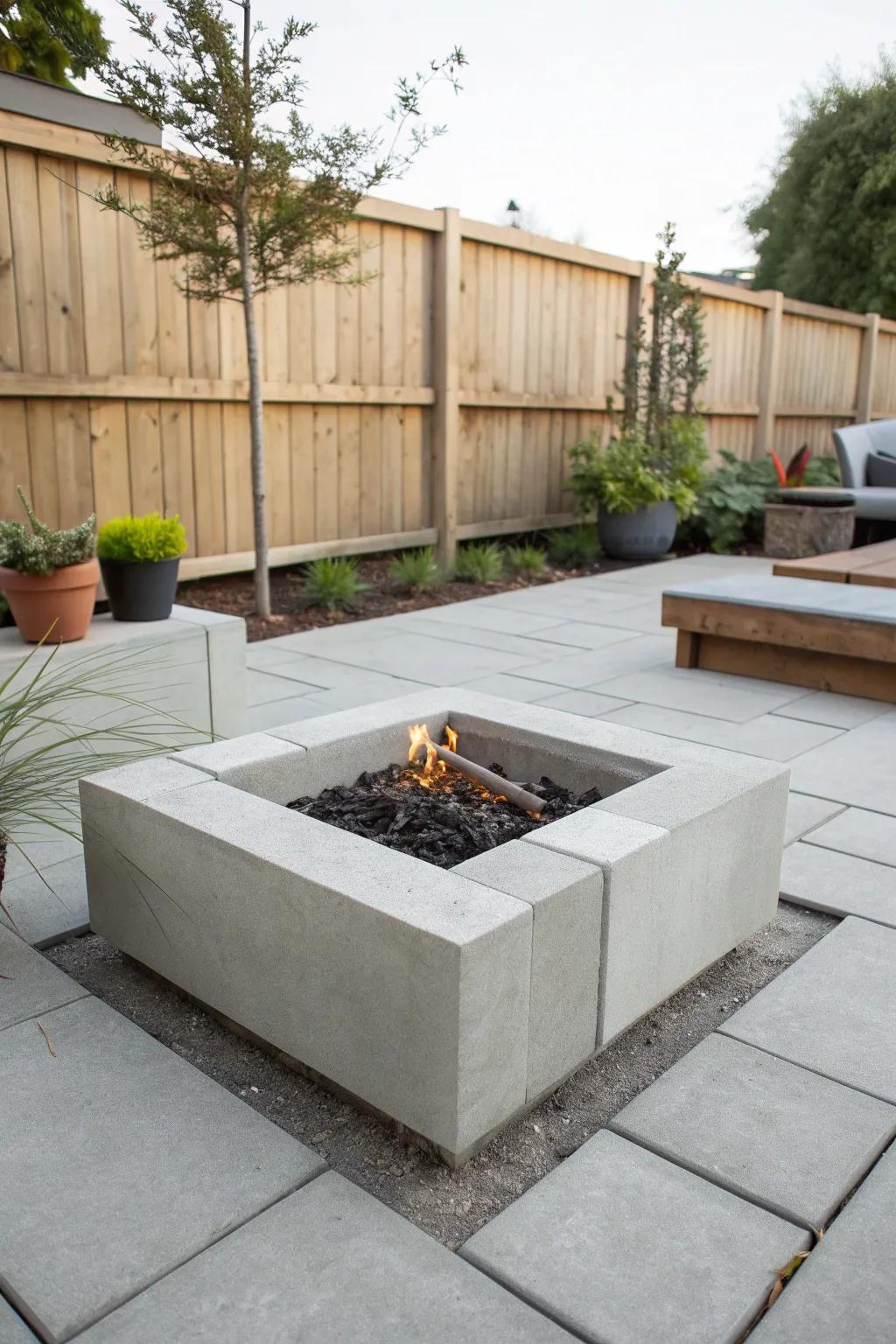 A sleek concrete block fire pit in a contemporary outdoor setting.