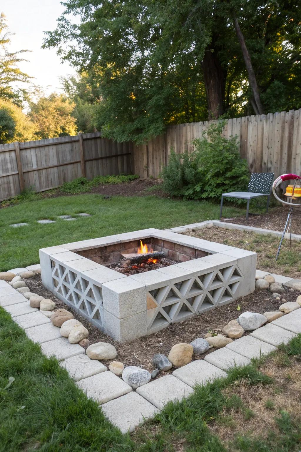 A customizable cinder block fire pit with a contemporary feel.