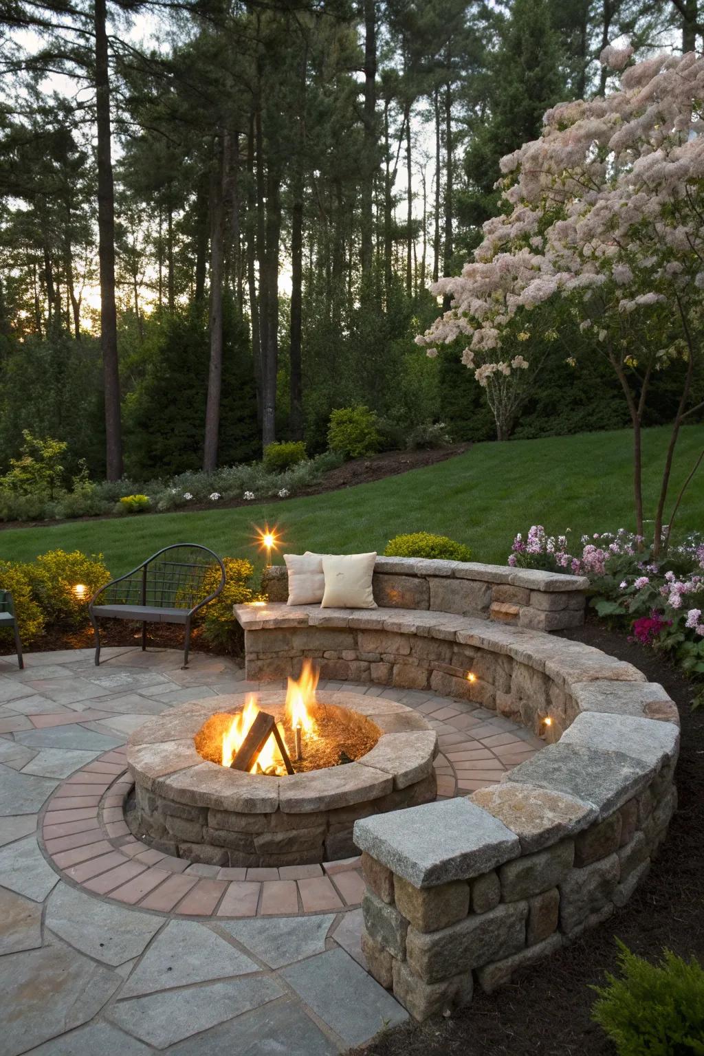 A practical fire pit featuring built-in seating for convenience.