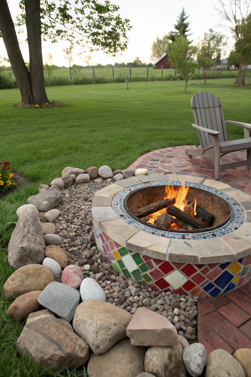 A brightly colored mosaic tile fire pit that doubles as an art installation.