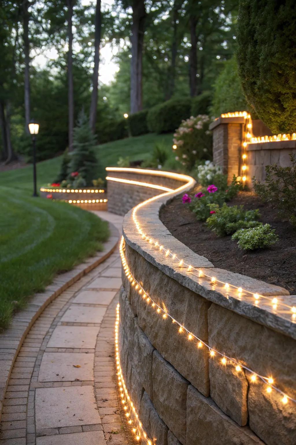 Rope light accents add a whimsical touch to any retaining wall.