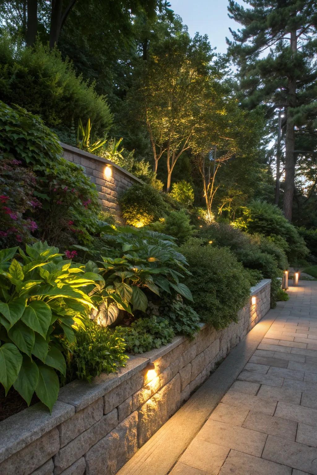 Accent lighting transforms plants into standout nighttime features.