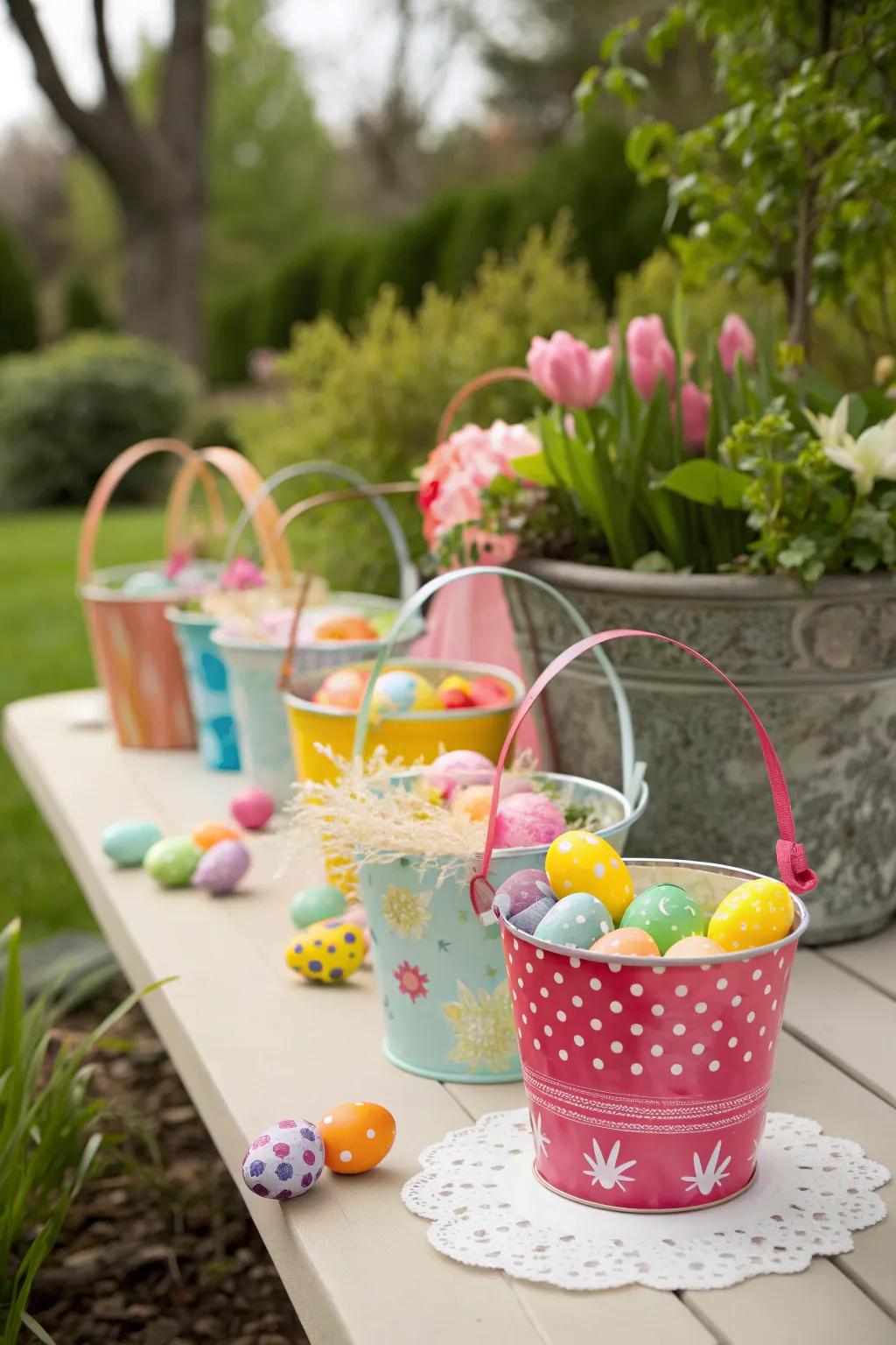 Personalized egg hunt pails ready for the hunt.