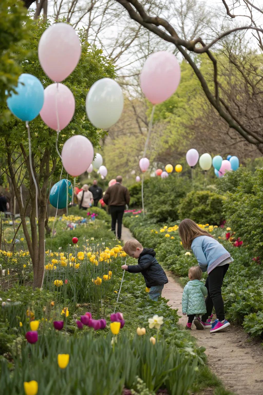 Balloons mark the way for easy egg hunting.