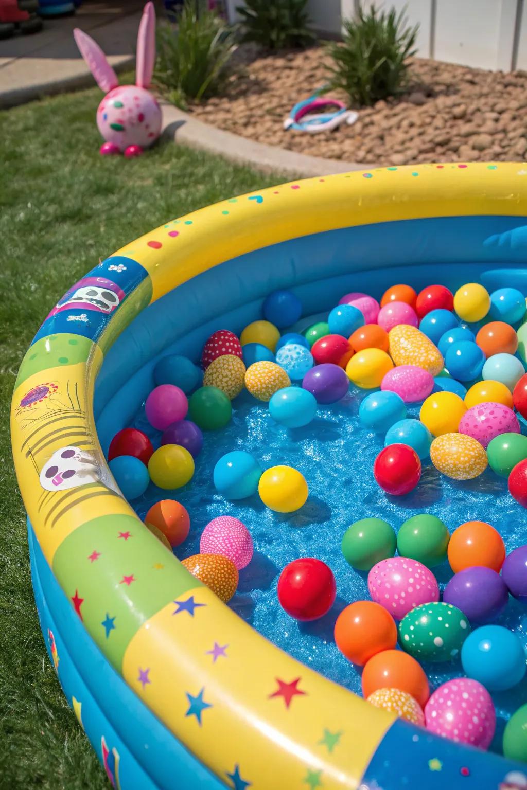 A ball pit challenge adds unique fun to the egg hunt.