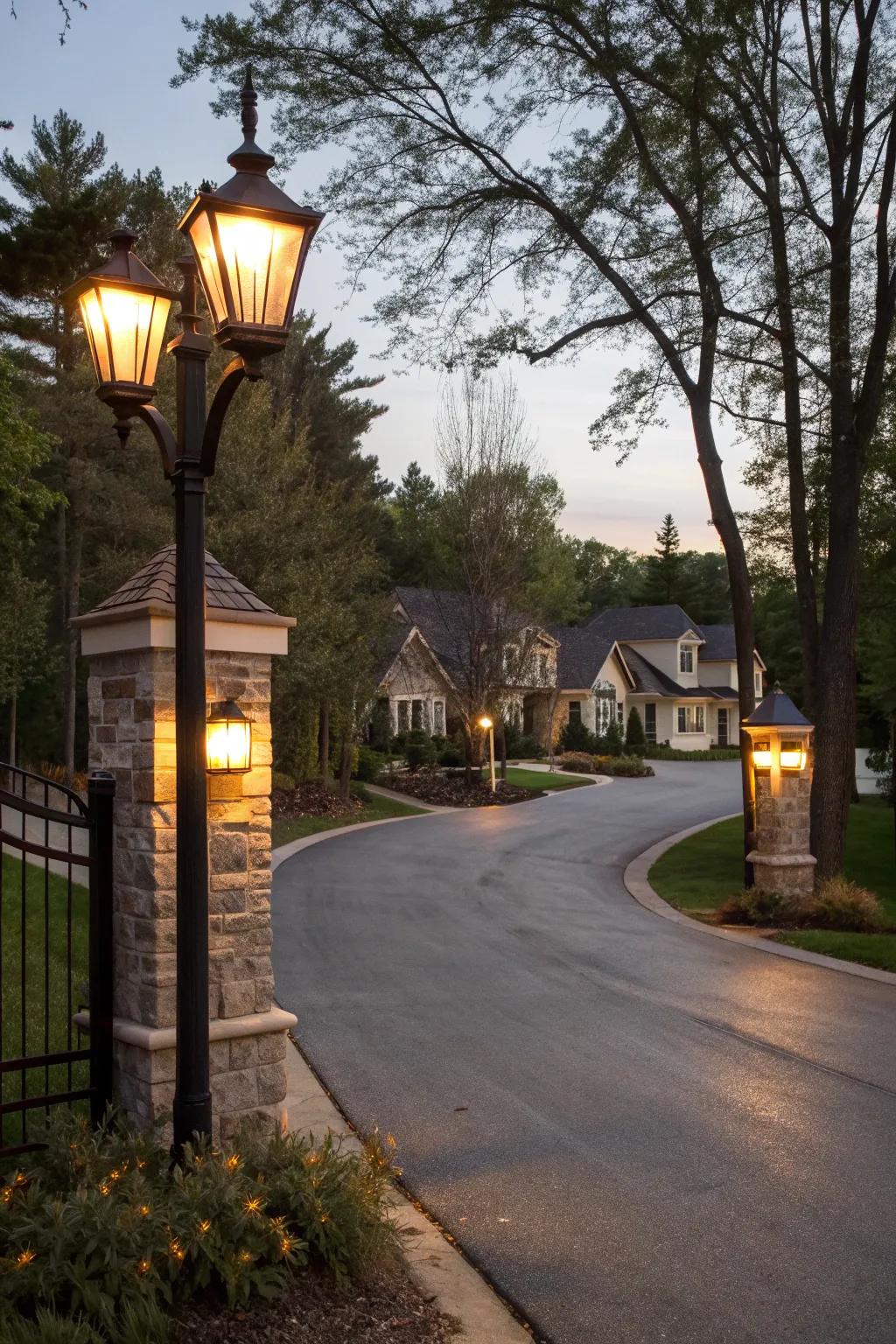 Majestic post lights framing a welcoming entrance.