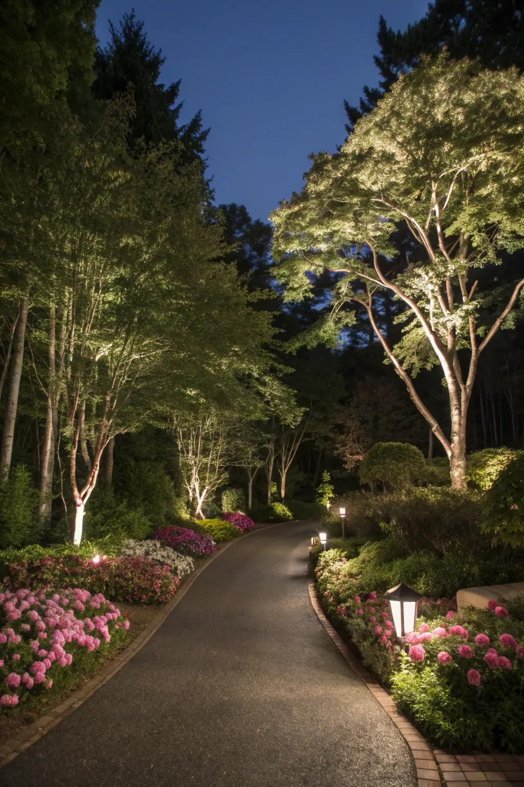 Enchanting tree and garden lighting along the driveway.