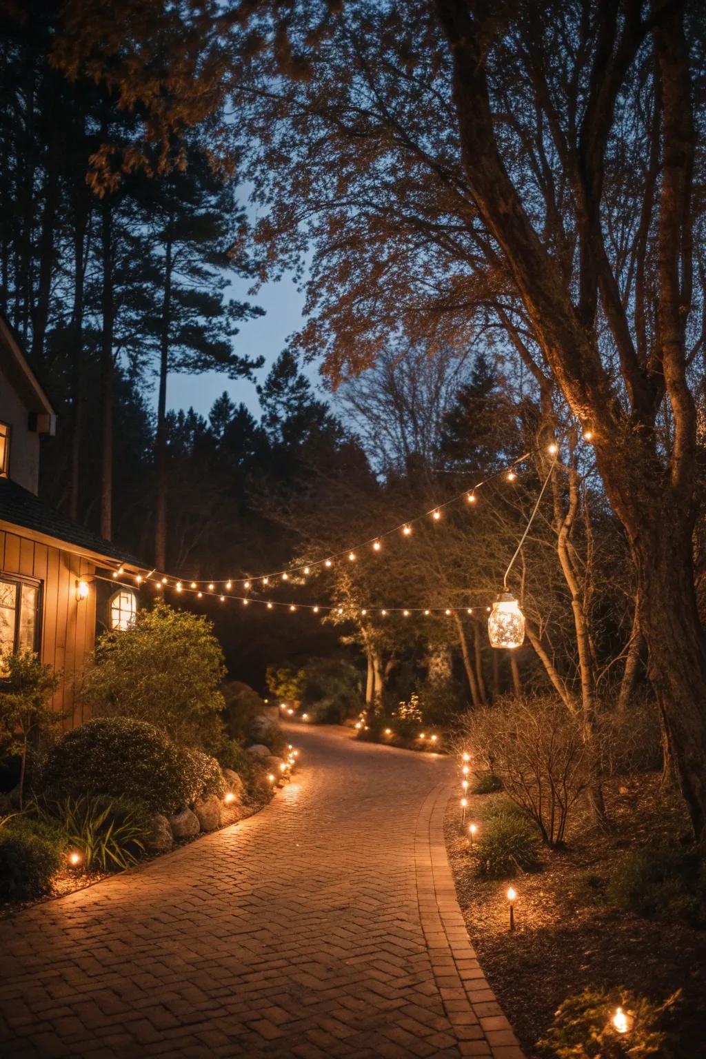 Warm lighting creating an inviting driveway ambiance.