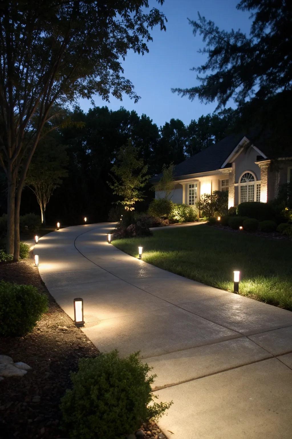 Safety lights providing clear navigation on the driveway.