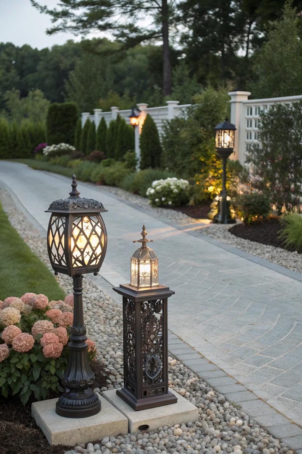 An eclectic blend of lighting styles for a personalized driveway.