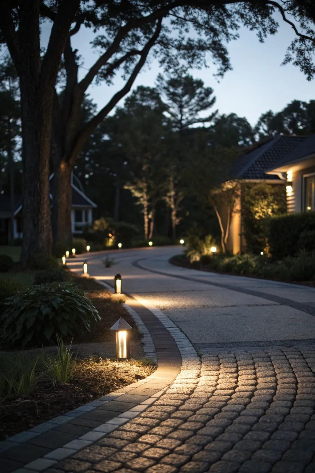 Layered lighting techniques for a captivating driveway.