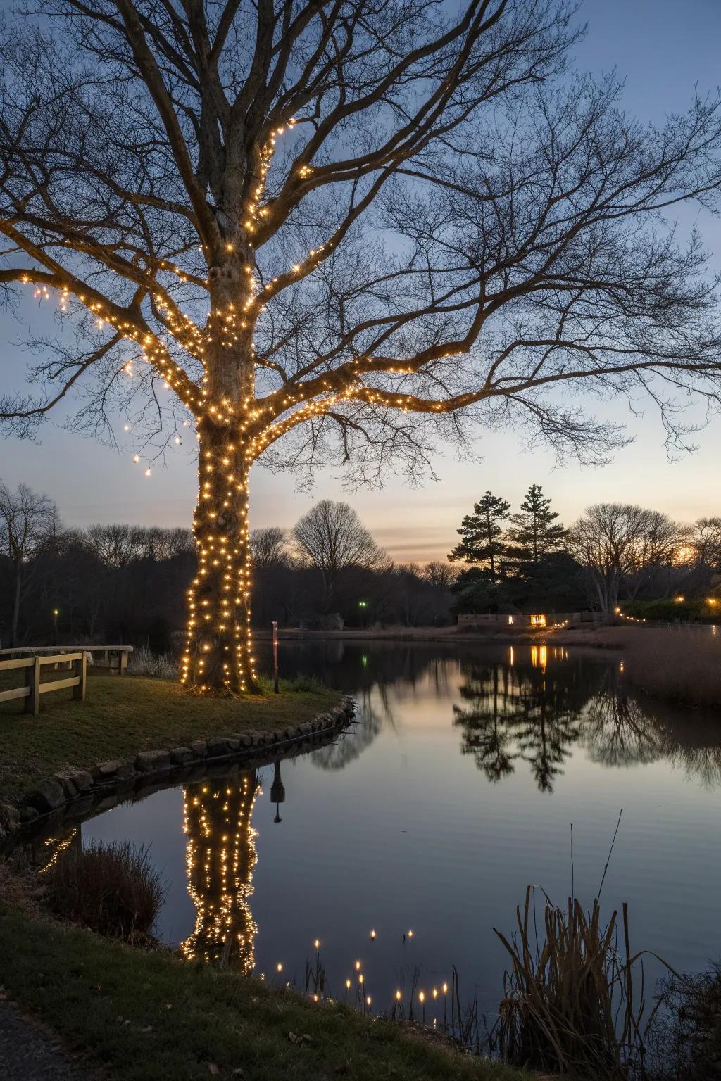 Create a magical reflection with water-lit Christmas lights.
