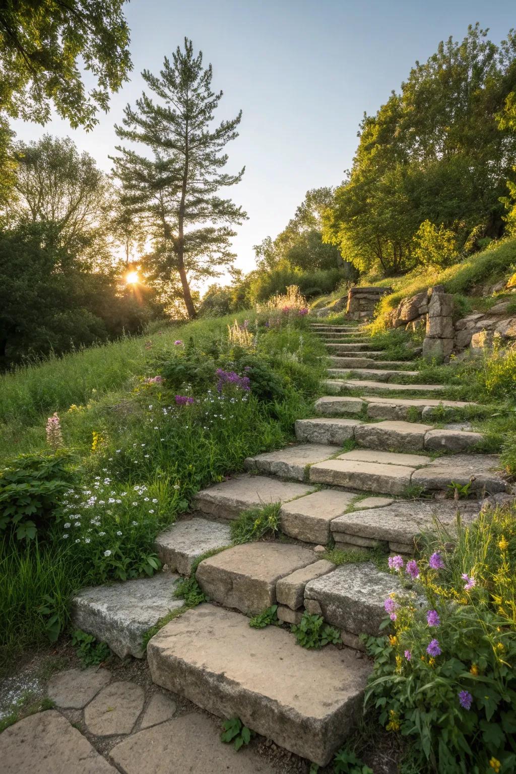 Natural stone steps offer a rustic charm to any garden.