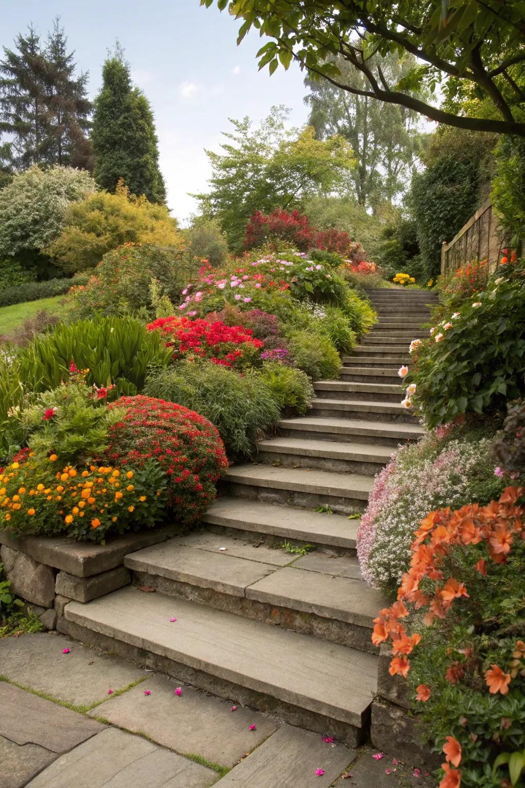 Greenery around steps creates harmony with the garden.