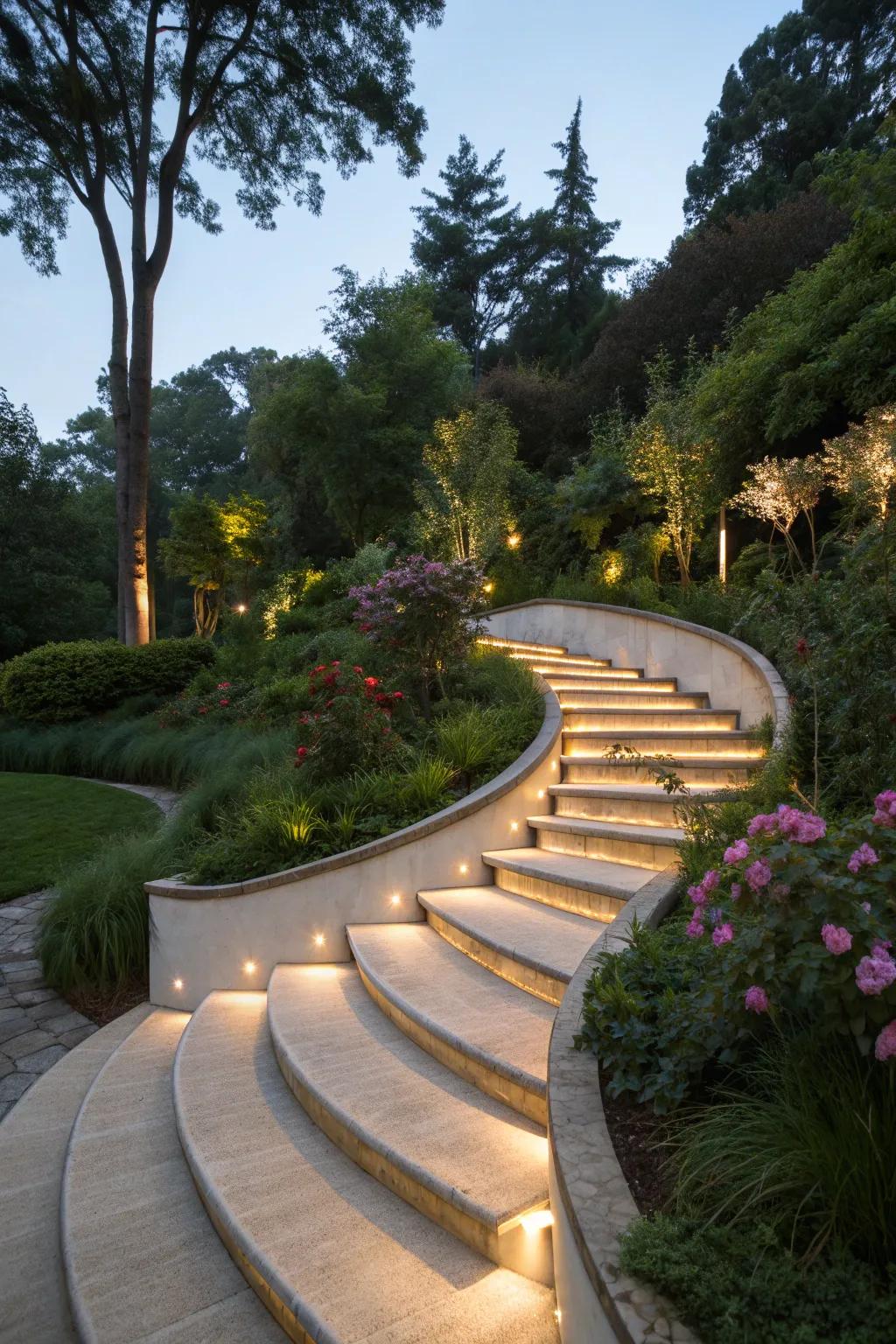 Curved steps bring a graceful touch to your garden path.
