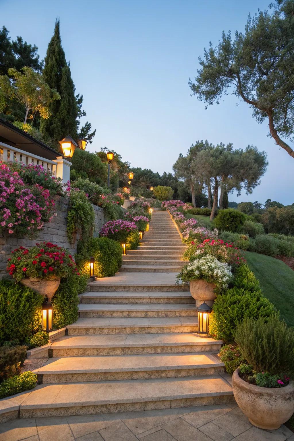 Integrated planters add greenery directly into your steps.