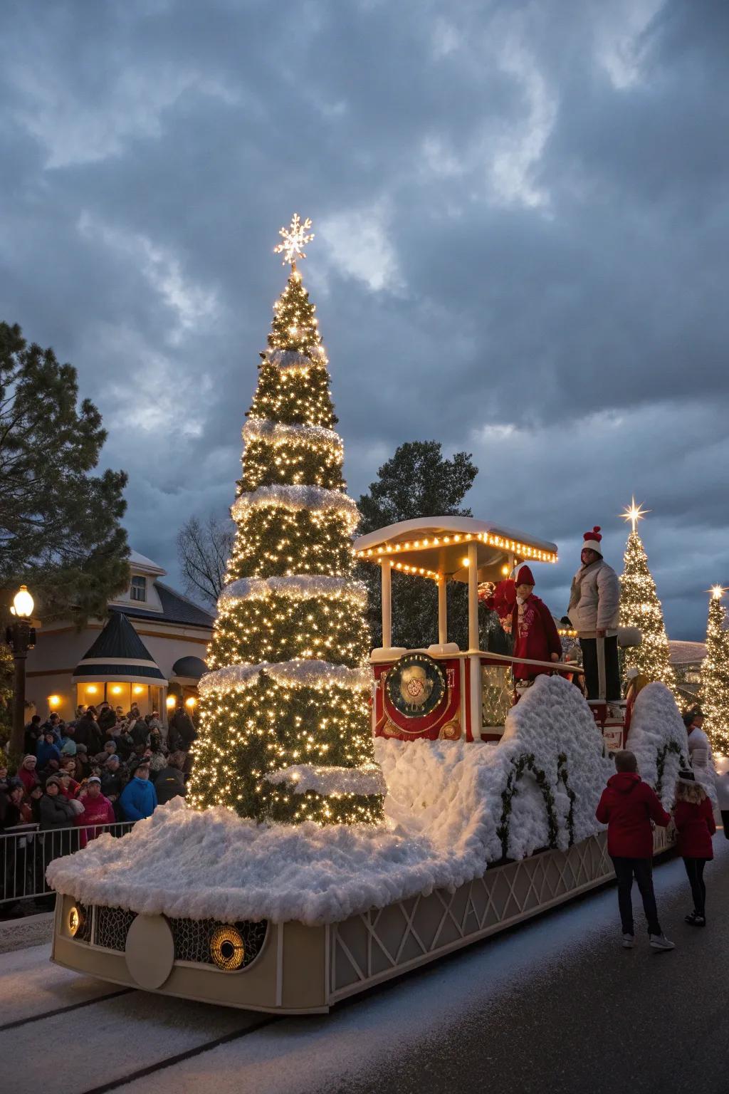 A snowy wonderland transforms the parade into a festive dream.