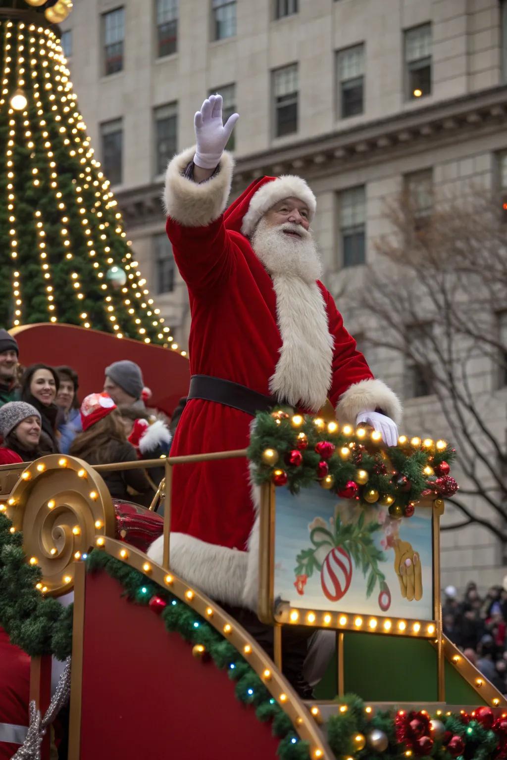 Santa Claus stands proudly, greeting everyone with holiday cheer.