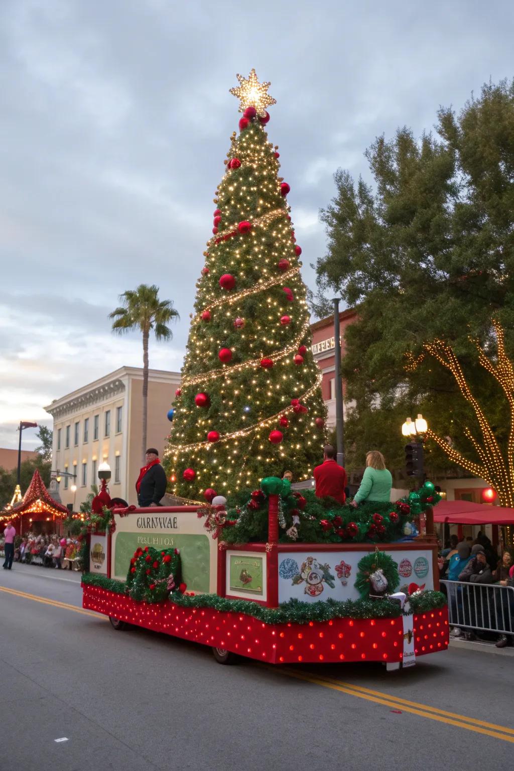 A majestic Christmas tree stands as the centerpiece of the float.