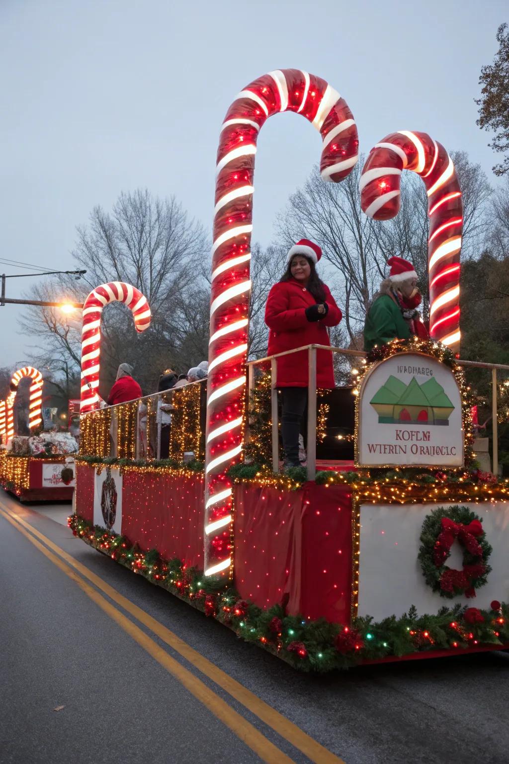 A candy cane forest adds a sweet touch to the parade.