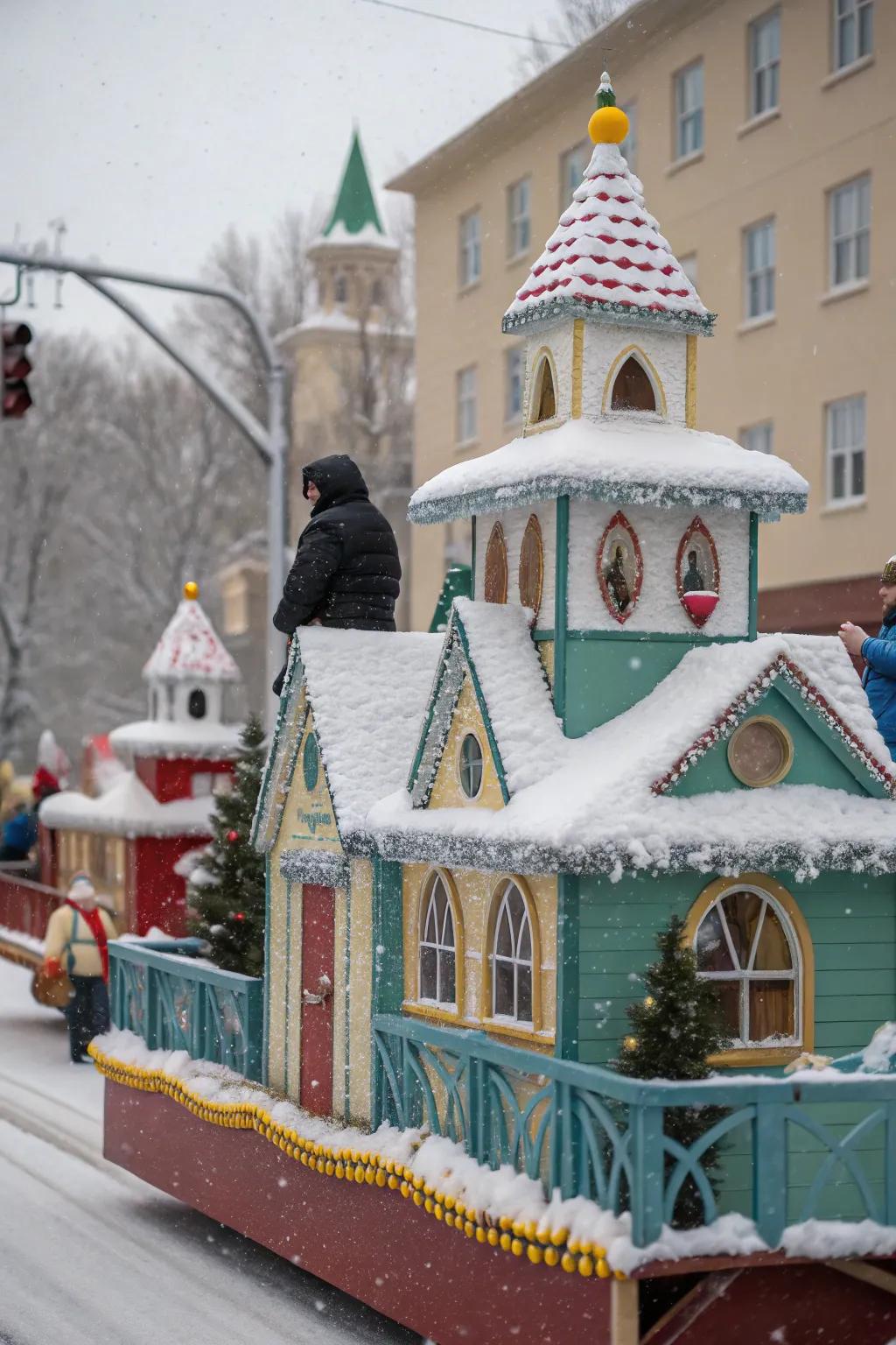 Snow-dusted roofs bring a touch of winter to the parade.