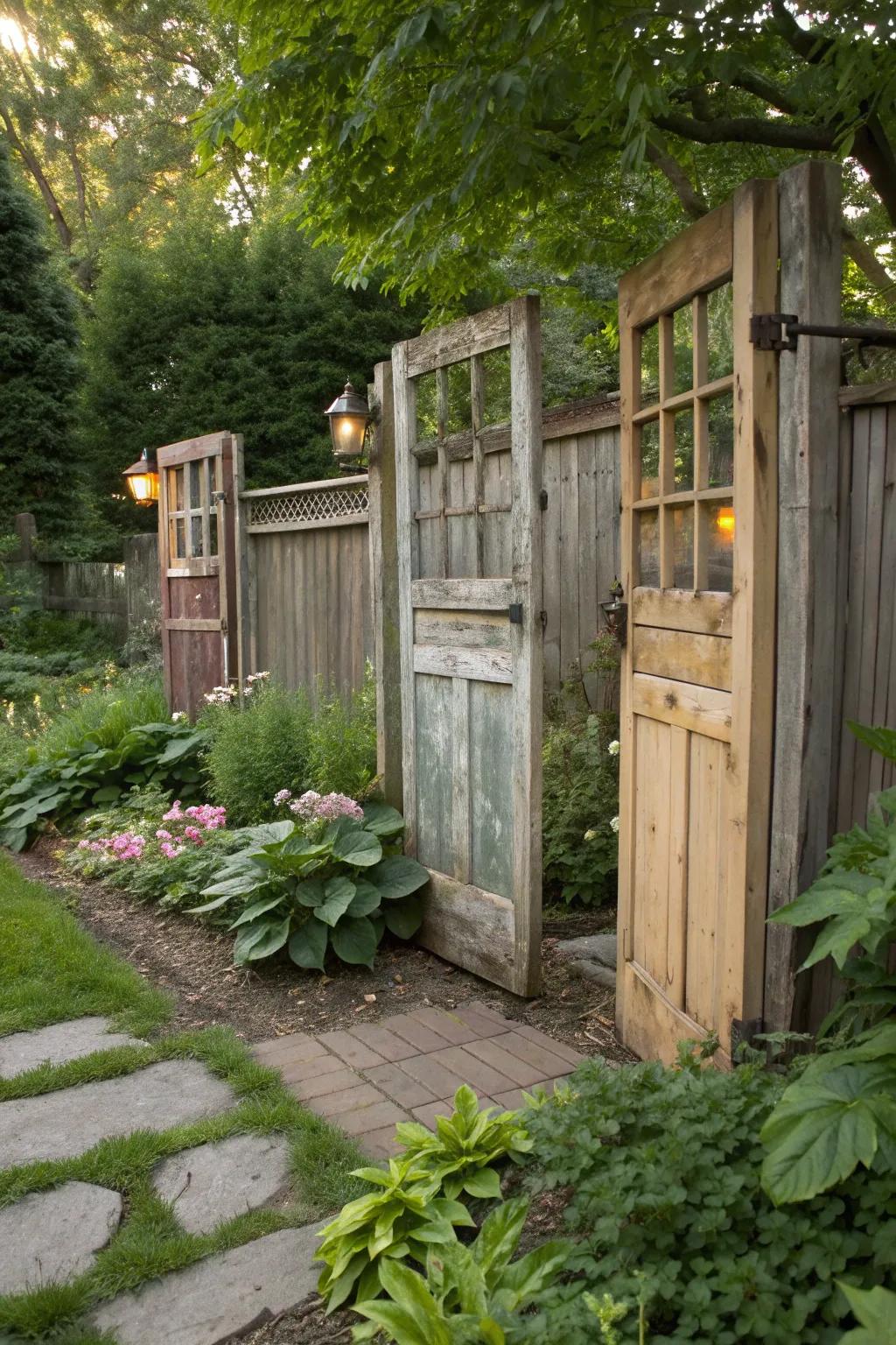 Repurposed doors create charming and unique garden boundaries.