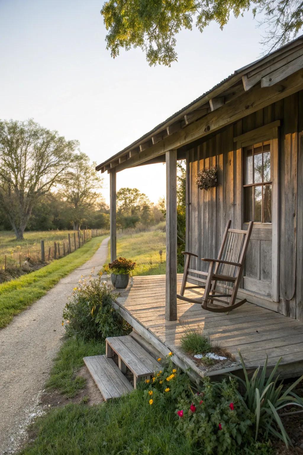 A rustic shed with a welcoming porch and seating area.