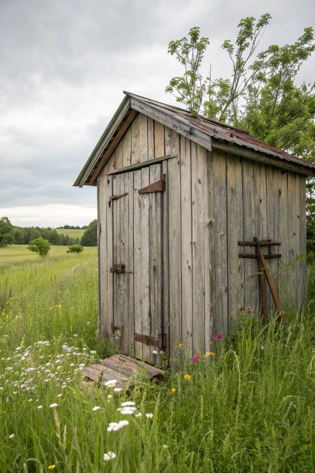 A rustic shed featuring charming weathered wood and metal accents.