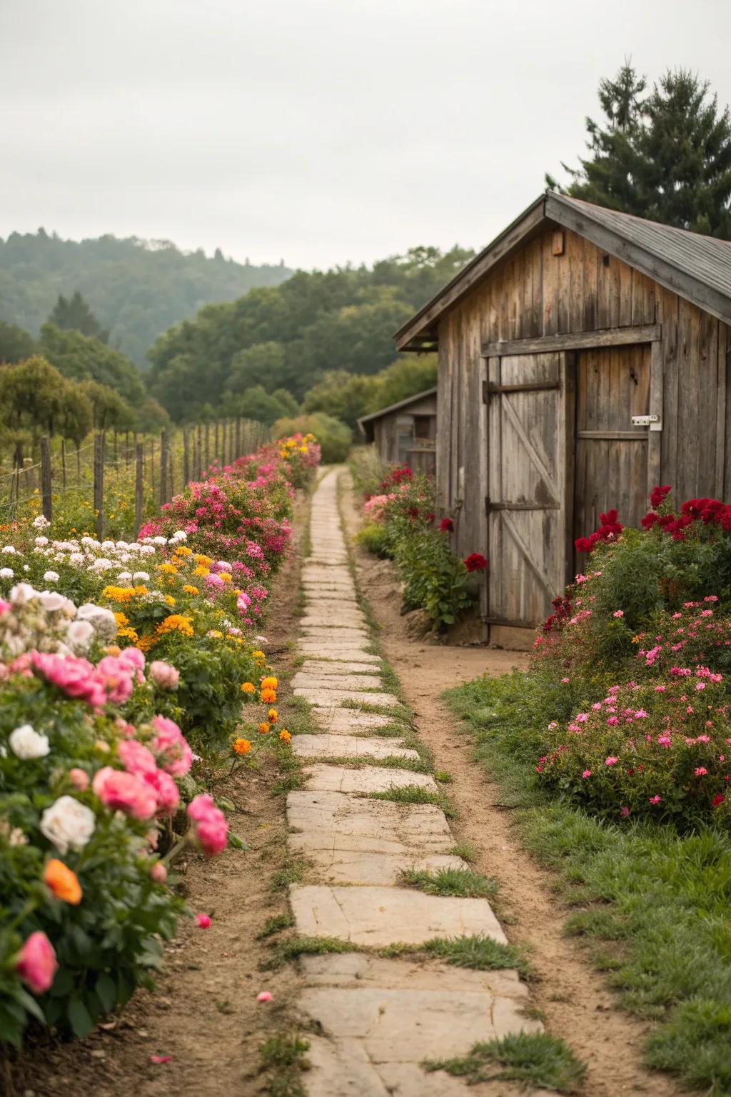 A picturesque pathway guiding the way to a rustic shed.