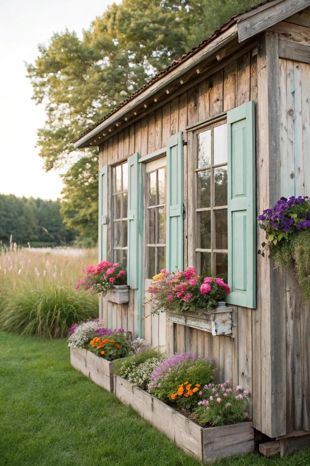 A rustic shed enhanced by charming vintage windows and floral accents.