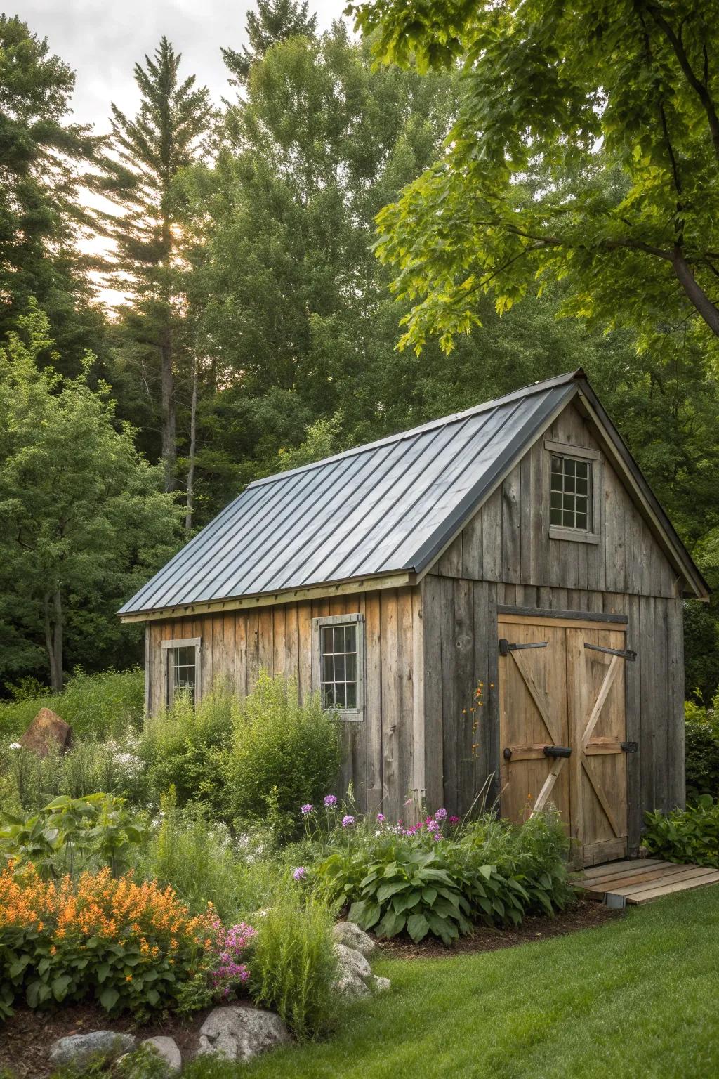 A rustic shed showcasing a sturdy and stylish metal roof.