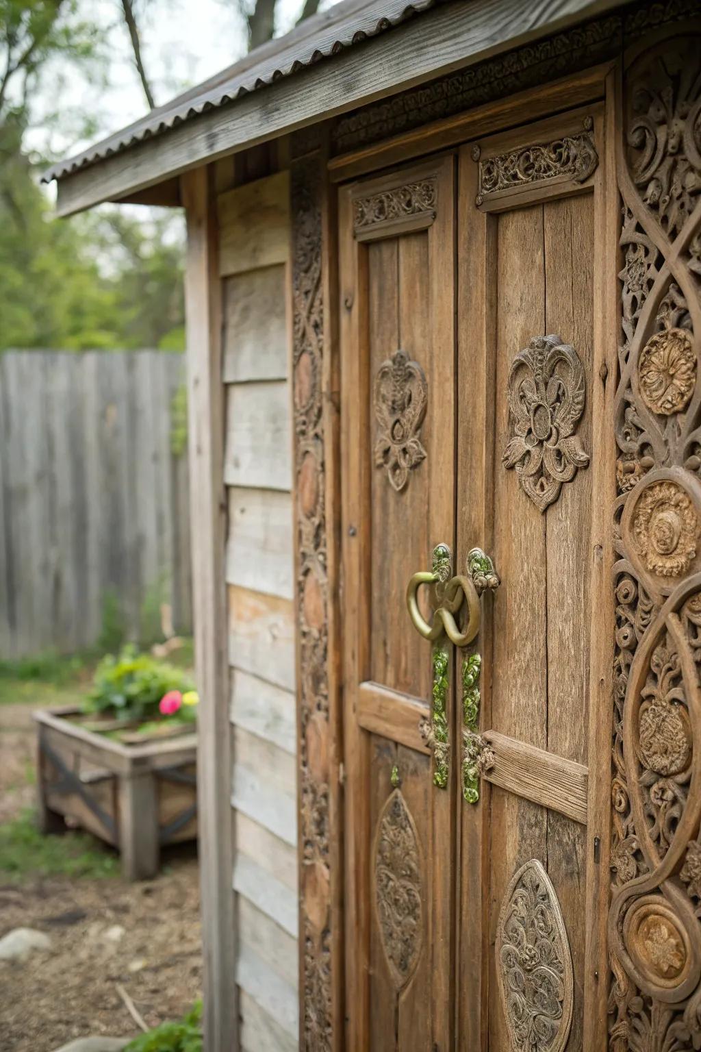 A rustic shed featuring a beautifully detailed antique door.