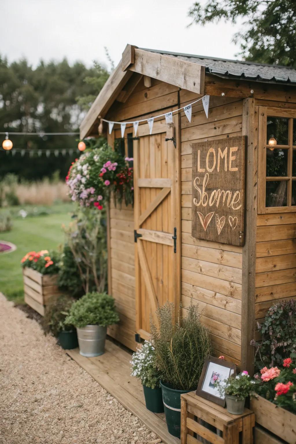 A rustic shed with personalized signage and lush surroundings.