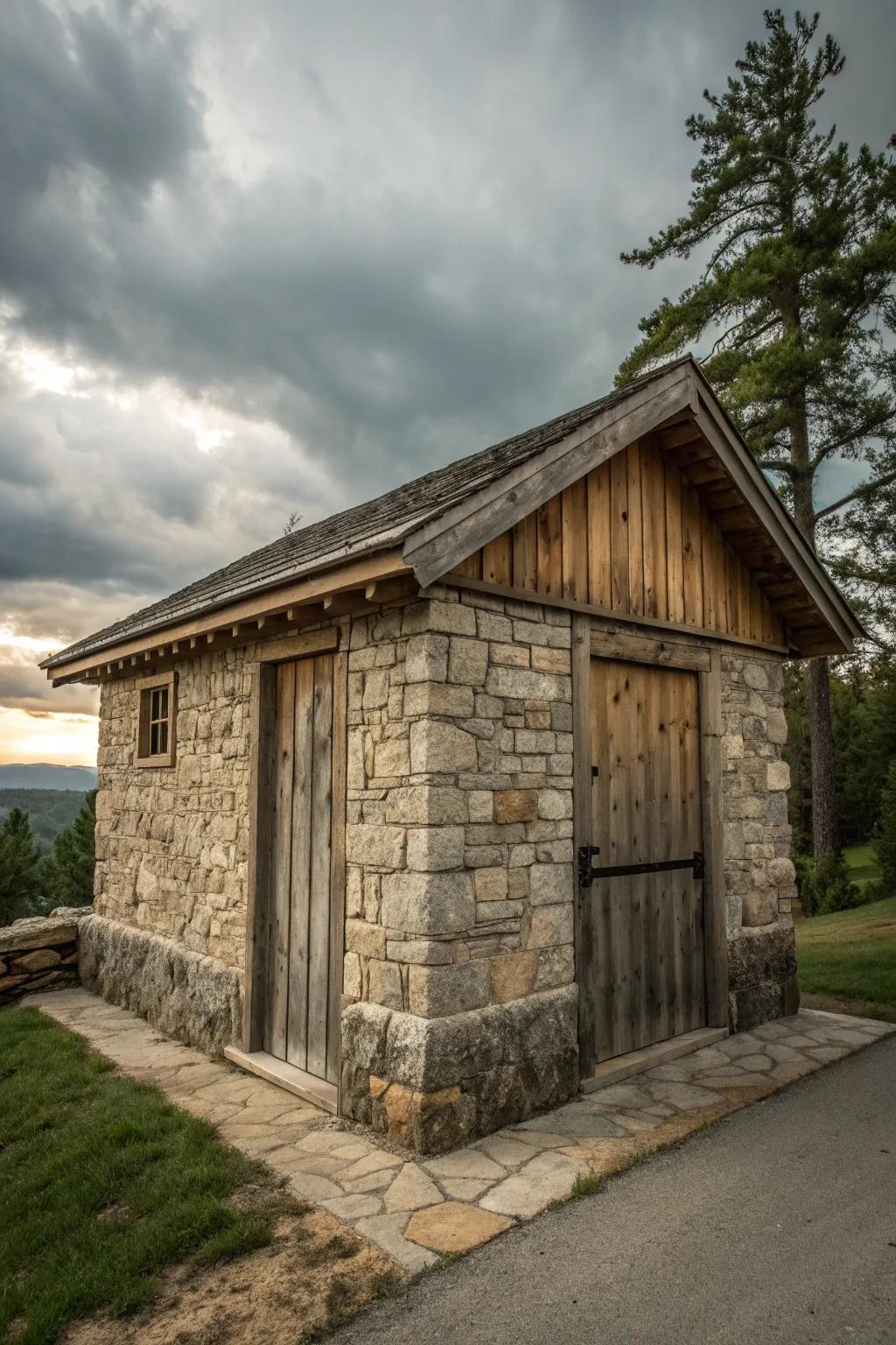 A rustic shed enhanced by the natural elegance of stone elements.