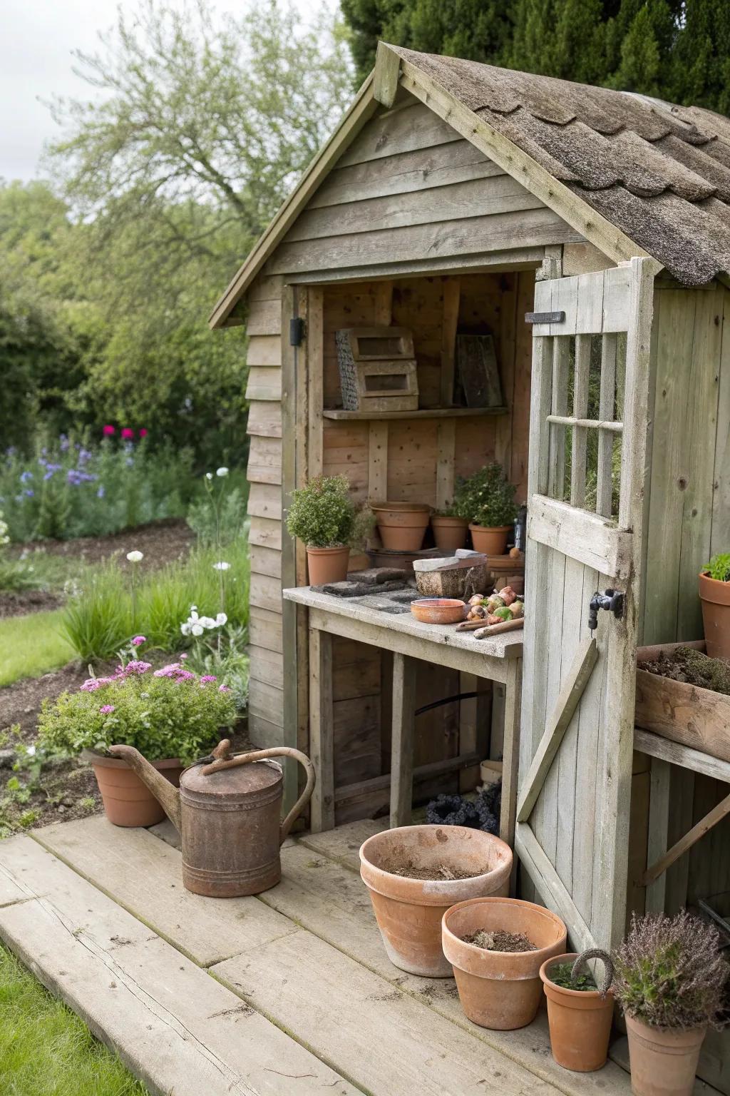 A rustic shed with a convenient and charming potting station.