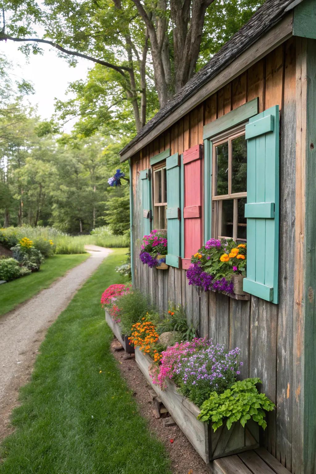 A rustic shed with vibrant custom shutters adding visual interest.