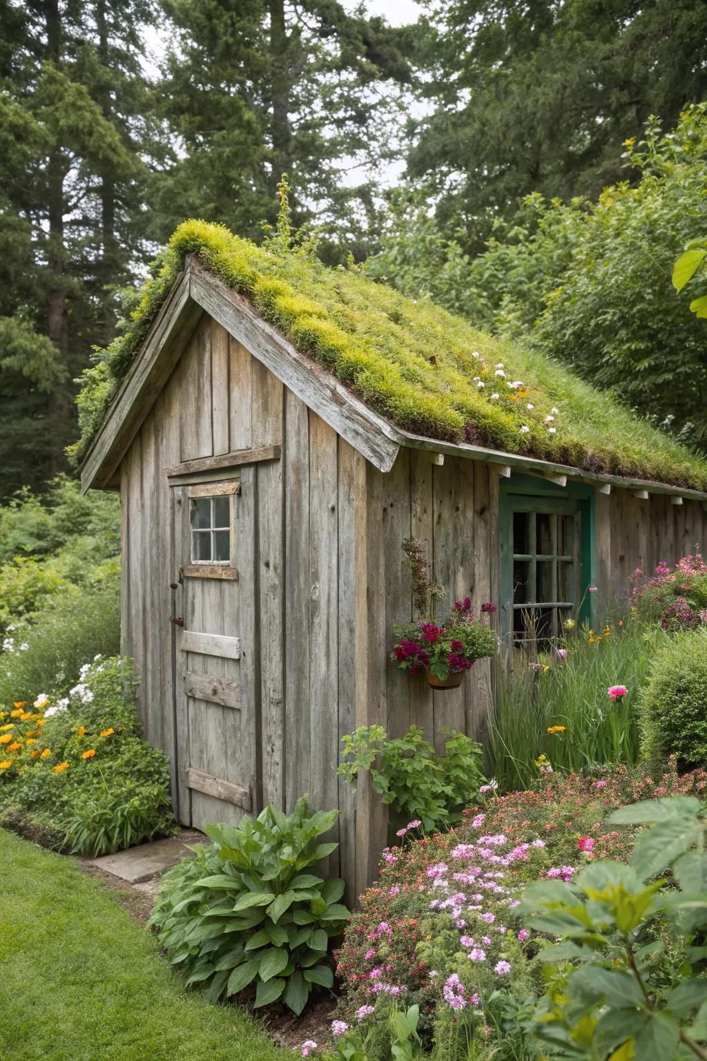 A rustic shed featuring a vibrant and sustainable green roof.