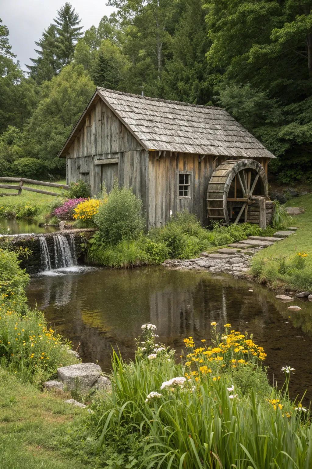 A rustic shed complemented by the soothing presence of a water feature.