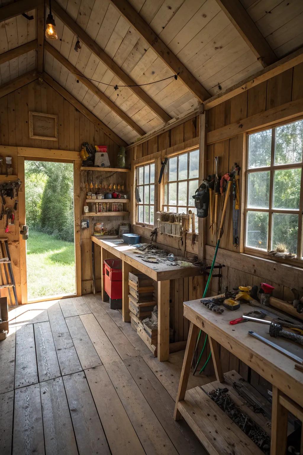 A rustic shed interior perfectly organized as a creative workshop.