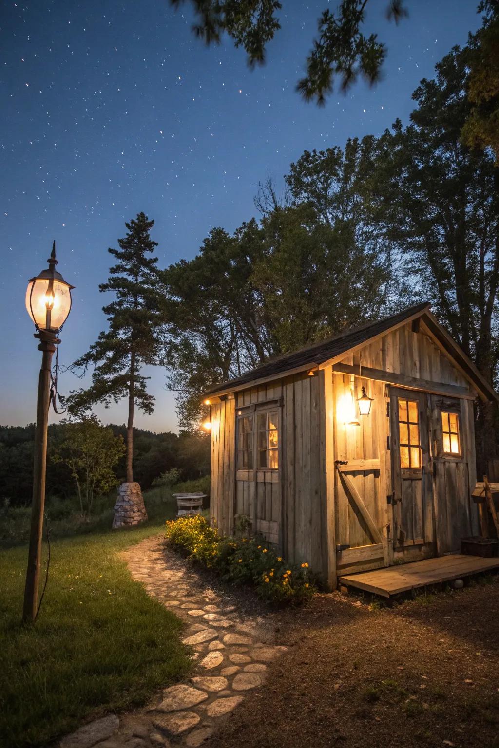 A rustic shed glowing with the charm of vintage lighting fixtures.