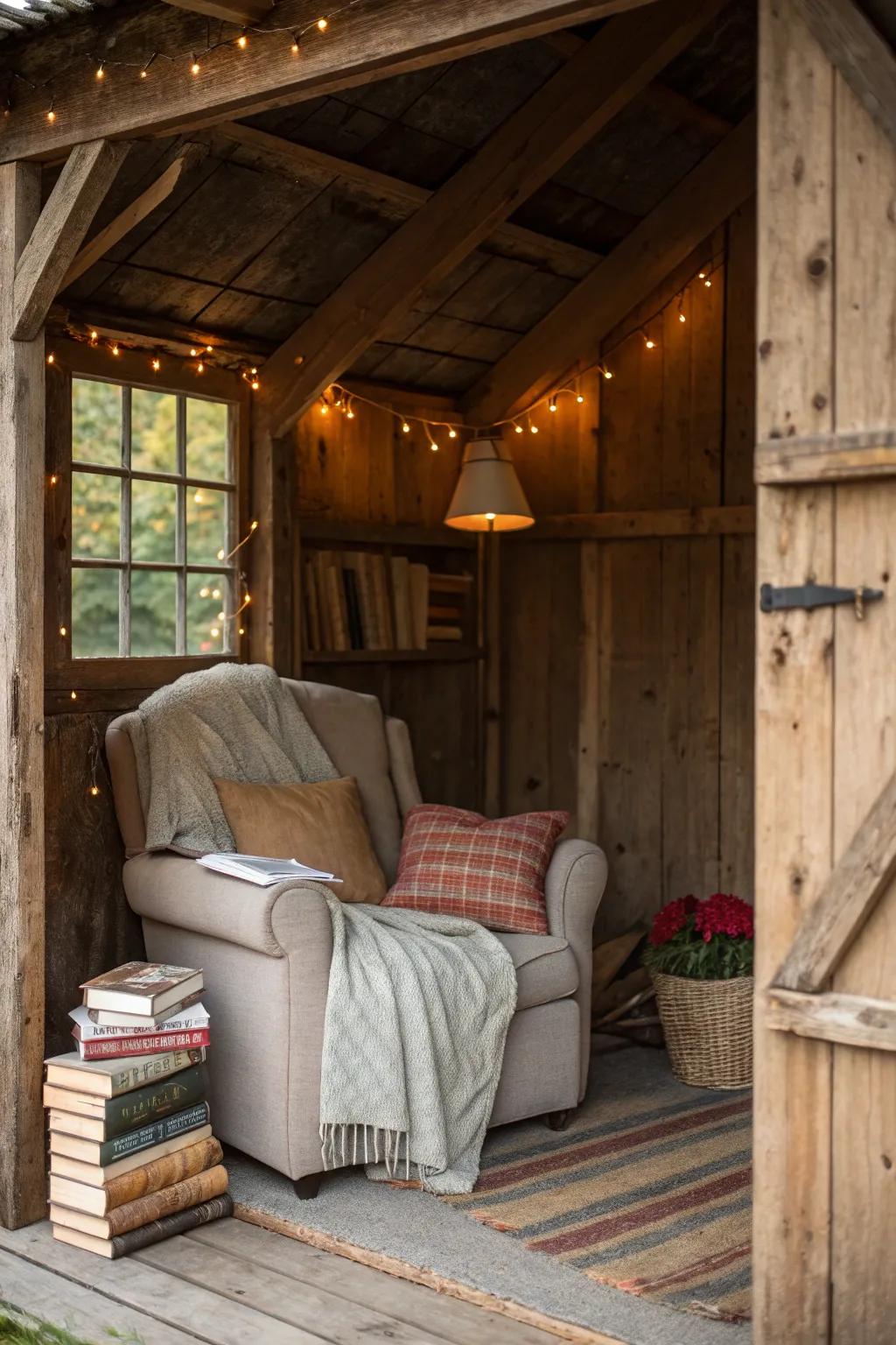 A rustic shed transformed into a serene reading nook with natural light.