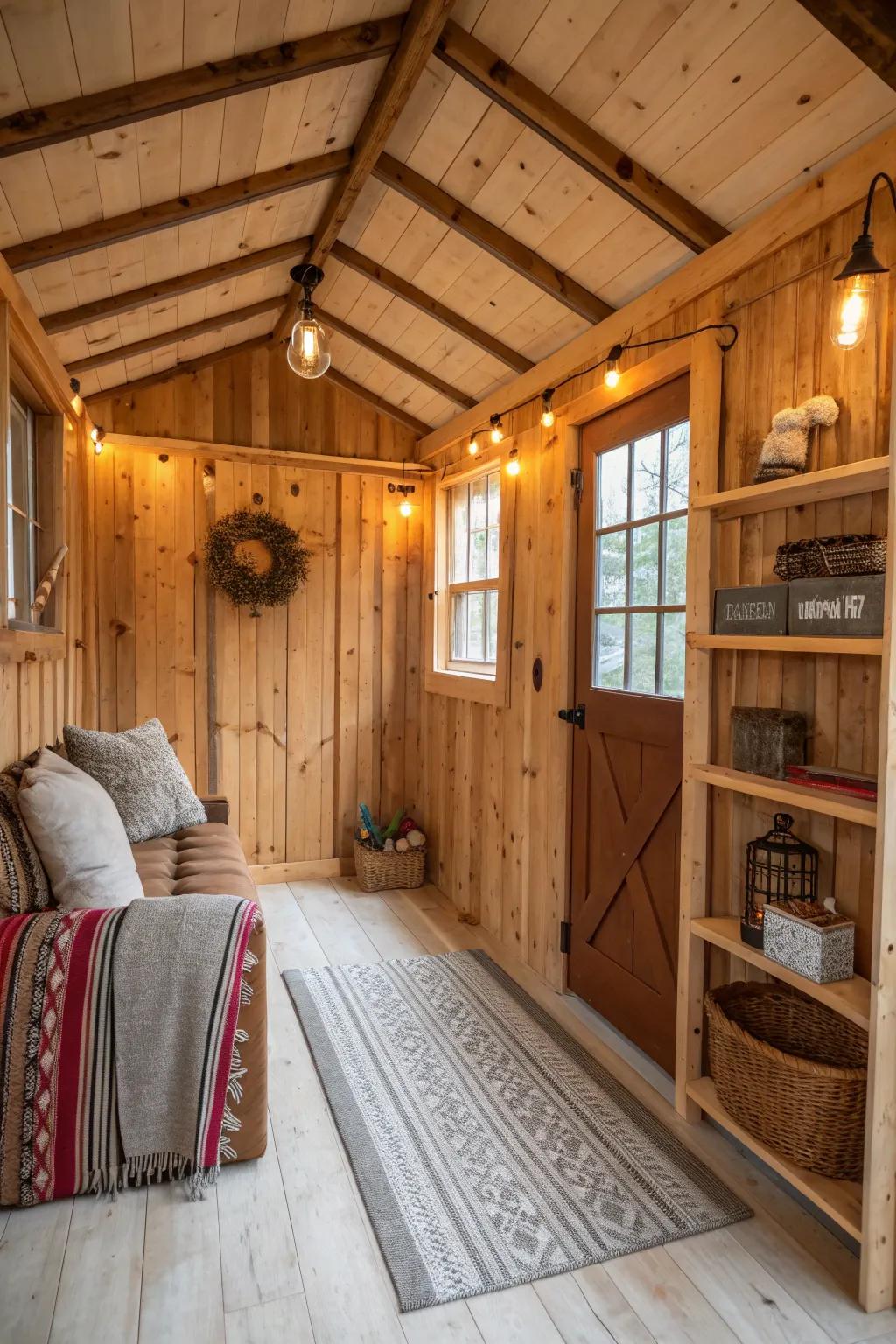 Unfinished wood introduces a natural, rustic texture to shed interiors.