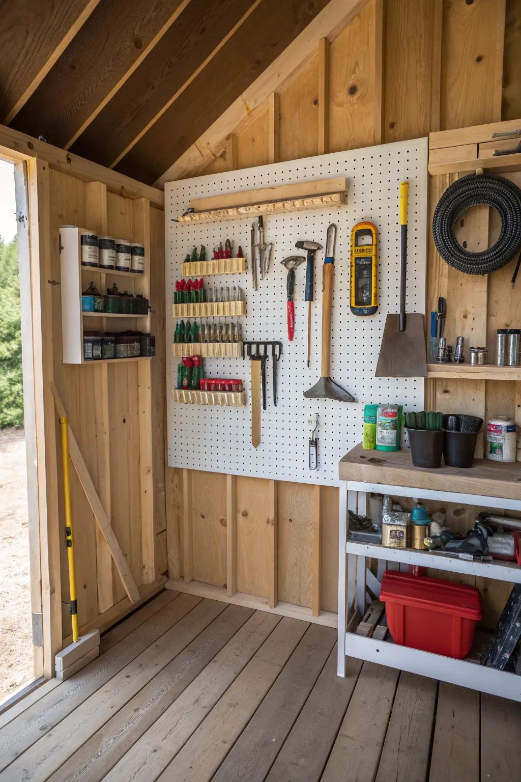 Pegboards are ideal for organizing tools and maximizing shed space.