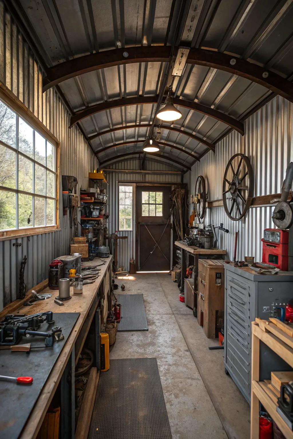 Tin panels add industrial flair to shed interiors.