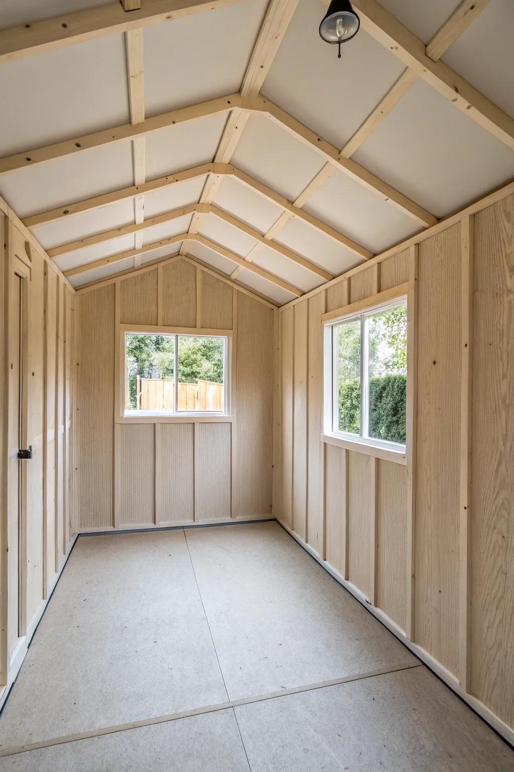 MDF walls offer a smooth, minimalist look for shed interiors.