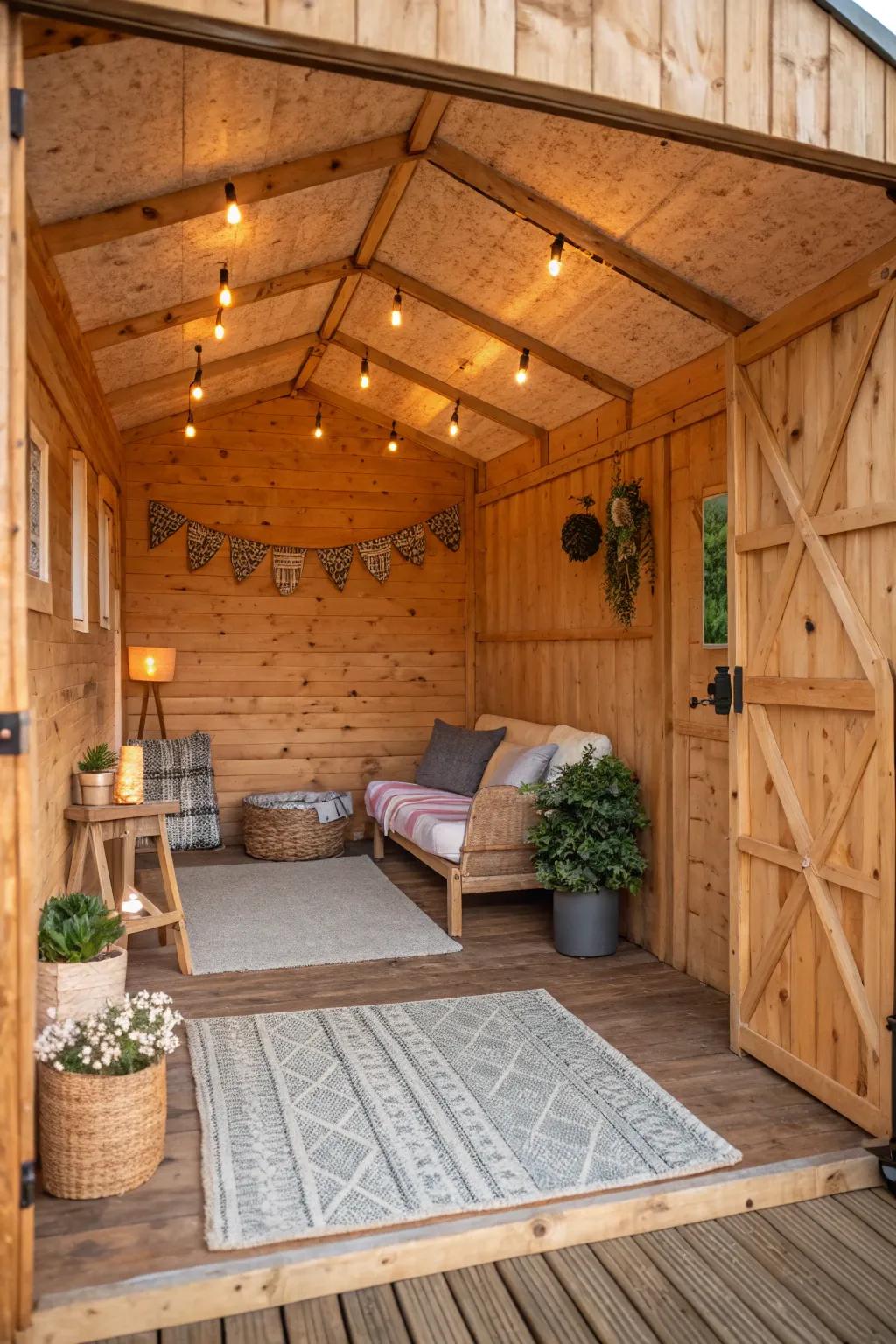 Plywood walls create a cozy and versatile retreat in shed interiors.
