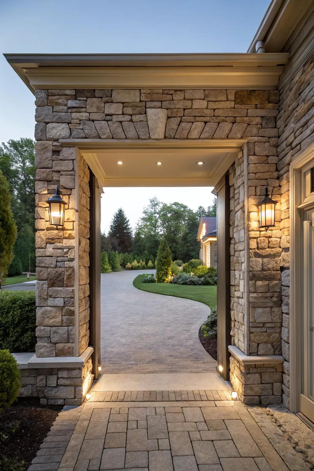 An inviting entryway framed with stacked stone for a classic look.